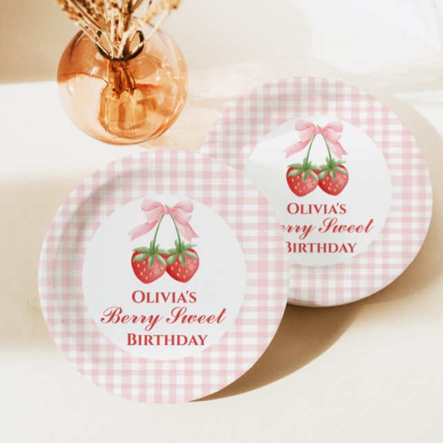 Prato De Papel Doce de Morango laço de aniversário Rosa Xadrez (Criador carregado)