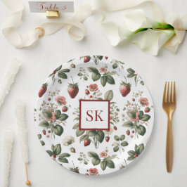 Prato De Papel Doce Morango & Padrão Floral Monograma Personaliza