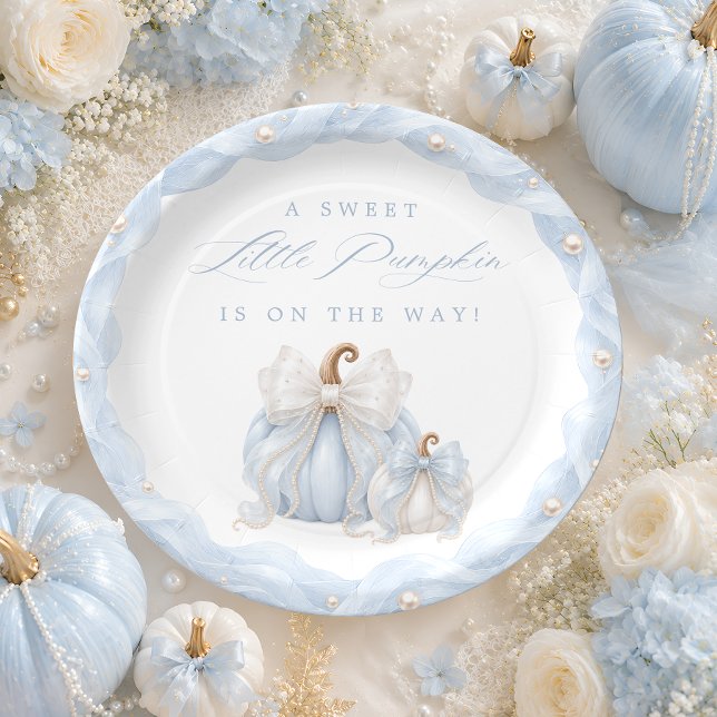 Prato De Papel Doce Pequeno Abóbora Laço Azul Chá de Bebê (Criador carregado)
