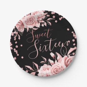 Prato De Papel Doce Preto Rosa Dourado 16 Glitter Confetti Floral