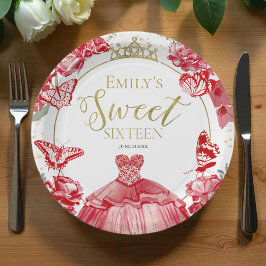 Prato De Papel Doces 16 Placas De Papel Floral De Vestido Vermelh