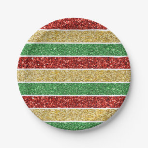 Prato De Papel Doces de Natal Strips Vermelho Ouro Verde Amarelo