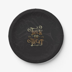Prato De Papel Doces ou Travessuras Caveiras Preto e Dourado Fest