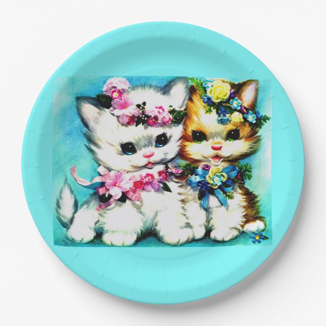 Prato De Papel dois gatinhos e muitas flores (Frente)