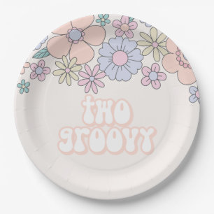 Prato De Papel Dois Groovy Retro floral pastel para 2º aniversári