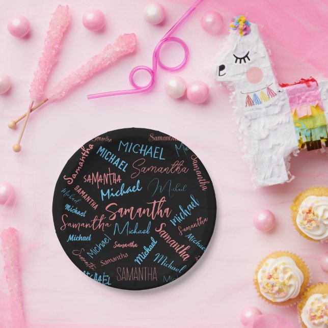 Prato De Papel Dois nomes casal padrão monograma rosa claro azul (Festa)