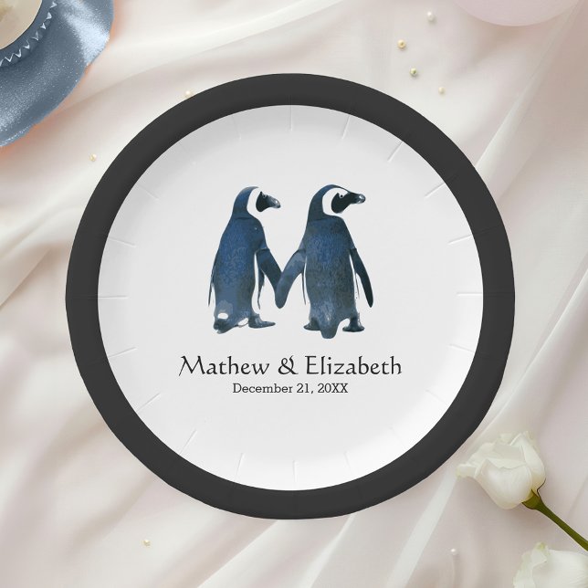 Prato De Papel Dois Pinguins Fofos | Casamento Romântico (Criador carregado)