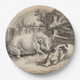 Prato De Papel Dois porcos deitados com palha numa Caneta ao ar l