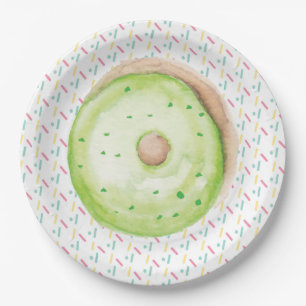 Prato De Papel Donut Geado com Pintura aquarela Verde e Confeitos