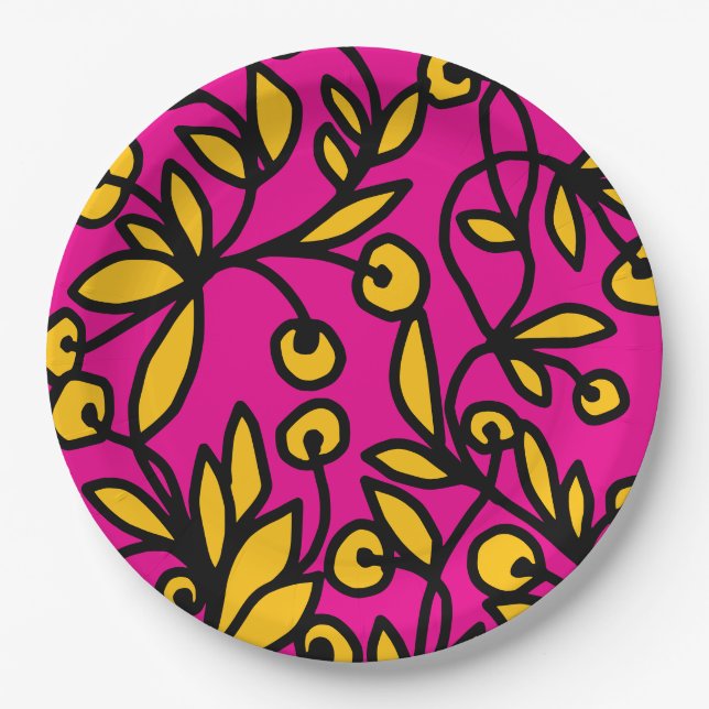 Prato De Papel Doodle amarelo e rosa (Frente)
