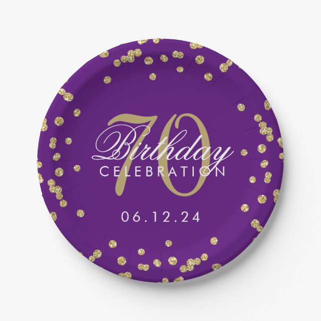 Prato De Papel Dourada 70 Birthday Glitter Confetti Roxo (Frente)