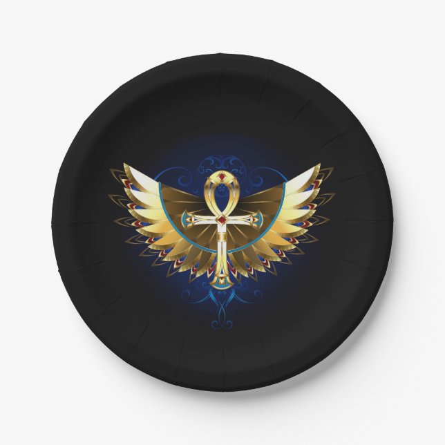 Prato De Papel Dourada Ankh com Asas (Frente)