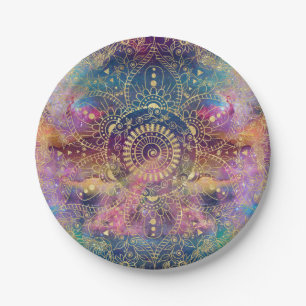 Prato De Papel Dourada aquarela e nebula mandala
