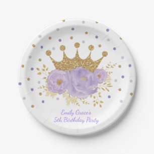 Prato De Papel Dourada Crown Purple Floral Royal Princess