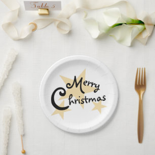 Prato De Papel Dourada Estrela Feliz Natal em Branco