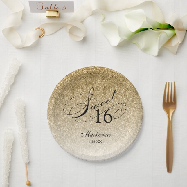 Prato De Papel Dourada Glitter Sweet 16 Personalizada (Casamento)
