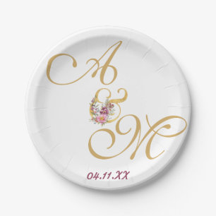 Prato De Papel Dourada letra MONOGRAM WEDDING PERSONALIZADA
