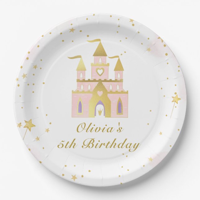 Prato De Papel Dourada Princesa Castle Girl Birthday (Frente)
