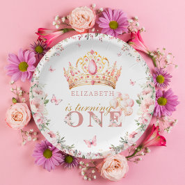 Prato De Papel Dourada Princesa primeiro aniversario Rosa