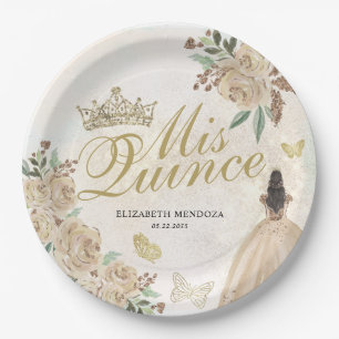 Prato De Papel Dourada Sparkle Floral Princesa Quinceañera Aniver