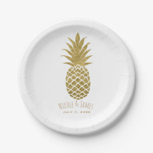 Prato De Papel Dourado Abacaxi Branco Moderno Chic Festa Tropical