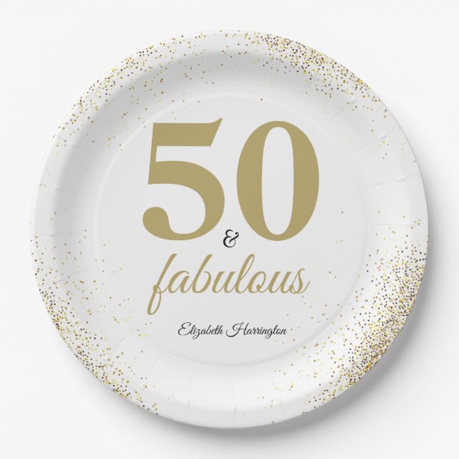 Prato De Papel Dourado Branco Brilhante 50 E Fabuloso Aniversário (Frente)