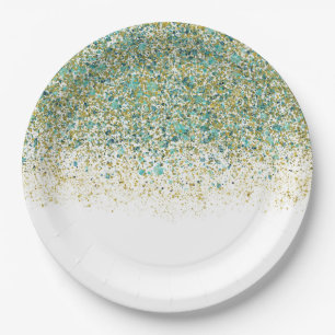 Prato De Papel Dourado Branco e Brilho Azul Turquesa Glam Moderno