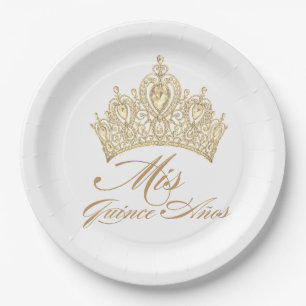 Prato De Papel Dourado Branco Mis Quince Anos Chic Elegante Tiara