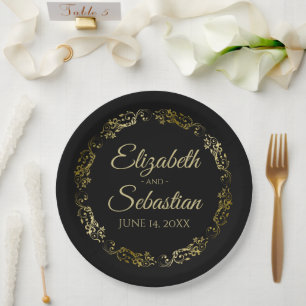 Prato De Papel Dourado Casamento de Filigre Floral Elegante Negro