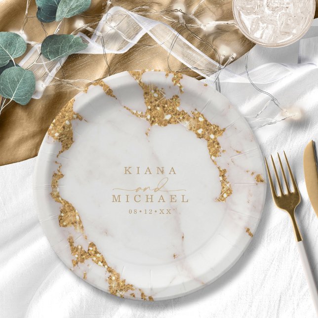 Prato De Papel Dourado Casamento de Glitter moderno Marble ID816 (Criador carregado)