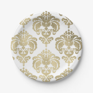 Prato De Papel Dourado Claro e Damasko Branco Evento de Casamento