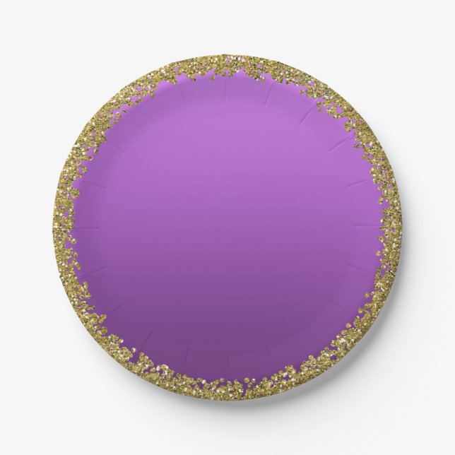 Prato De Papel Dourado com Brilho Roxo Glam Glitter Festa (Frente)