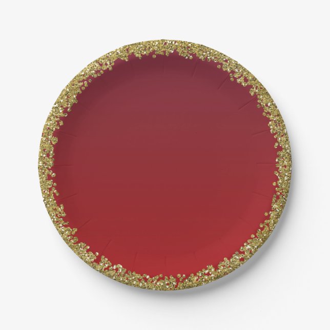 Prato De Papel Dourado com Brilho Vermelho Glamour Faísca Festa (Frente)