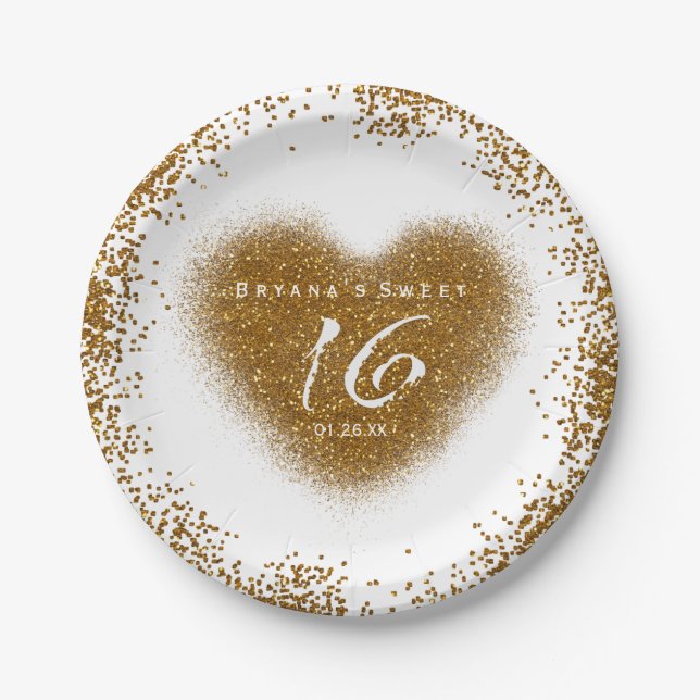 Prato De Papel Dourado Derramar Glitter Doce 16 Placas de Partido (Frente)