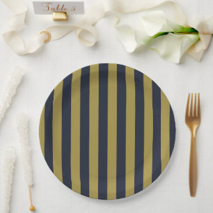 Prato De Papel Dourado Elegante e Marinho - faixas verticais azui