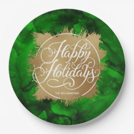 Prato De Papel Dourado Faux Foil Holiday Christmas Green Watercol