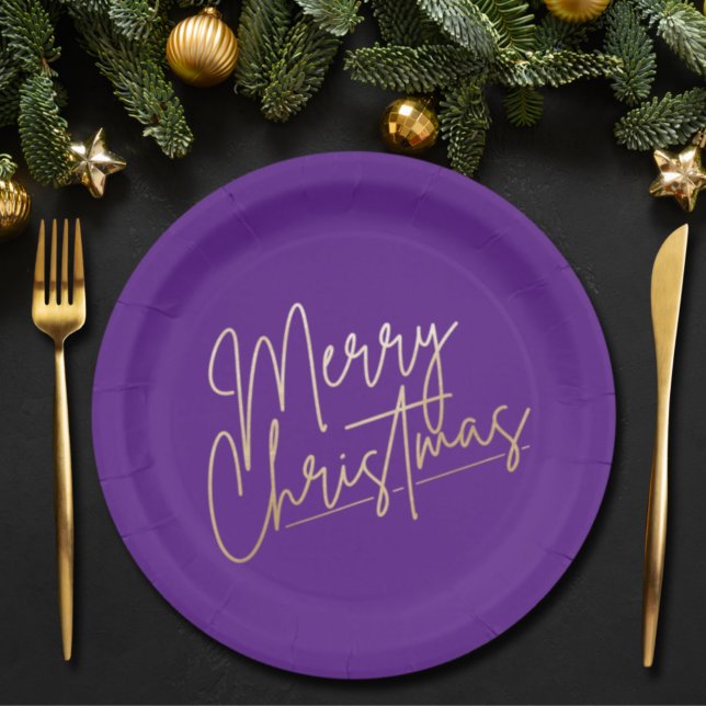 Prato De Papel Dourado Feliz Natal em Roxo (Criador carregado)