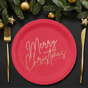 Prato De Papel Dourado Feliz Natal em Vermelho