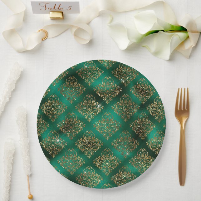 Prato De Papel Dourado Feriado Metálico Damasco Elegante (Casamento)