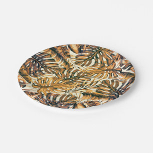 Prato De Papel Dourado Laranja Elegantes Folhas de Palmeira Tropi