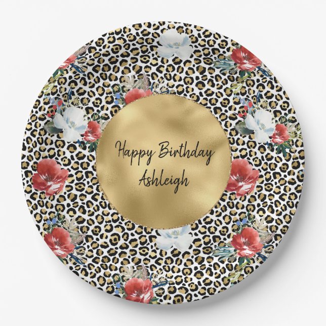 Prato De Papel Dourado Leopard Print Floral personalizado (Frente)