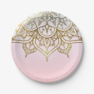 Prato De Papel Dourado Mandala Rosa Pêssego Chic Moderno Glamour