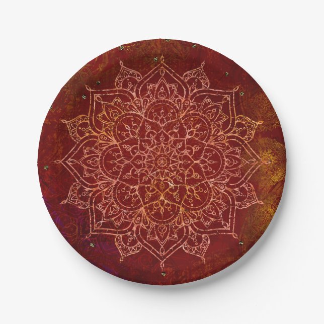 Prato De Papel Dourado Mandala Vermelho Ferrugem Moderno Glamouro (Frente)