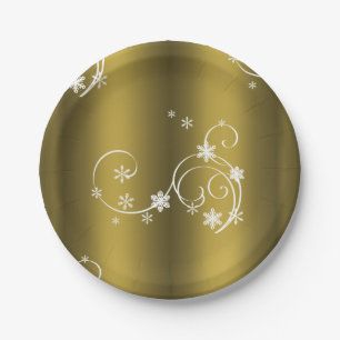 Prato De Papel Dourado metálico, White Swirls Natal