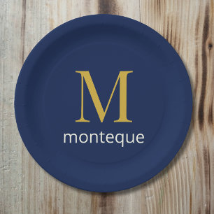 Prato De Papel Dourado Monograma Navy Profundo Nome Personalizado