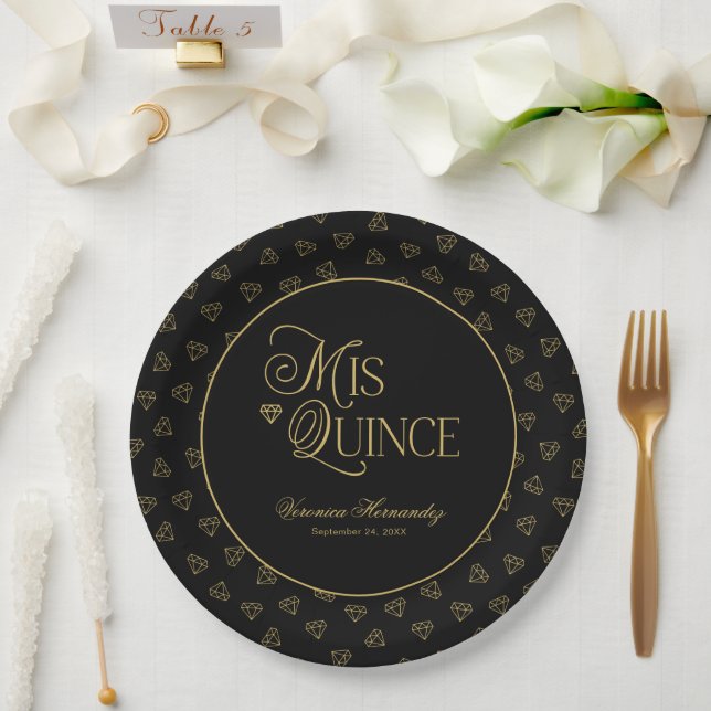 Prato De Papel Dourado negro personalizado Mis Quince Quinceanera (Casamento)