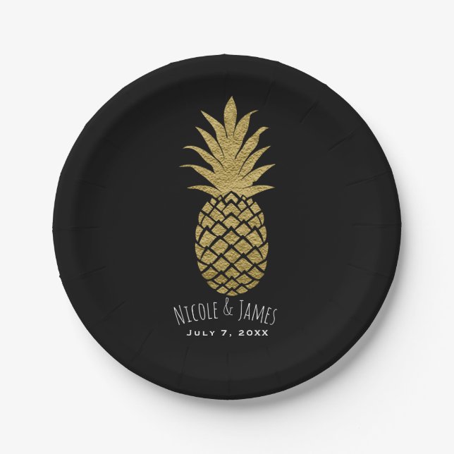 Prato De Papel Dourado Pineapple Black Modern Chic Party Tropical (Frente)