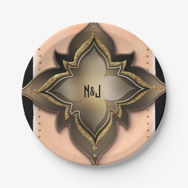 Prato De Papel Dourado Preto e Pêssego Exótico Flower Chic Party  (Frente)