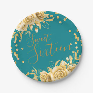 Prato De Papel Dourado Teal Sweet 16 Glitter Confetti Floral