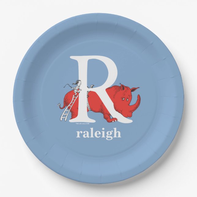 Prato De Papel Dr. Seuss ABC: Carta R - Branco | Adicione seu nom (Frente)